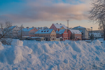 The center of Minsk is covered in snow in the freezing winter.