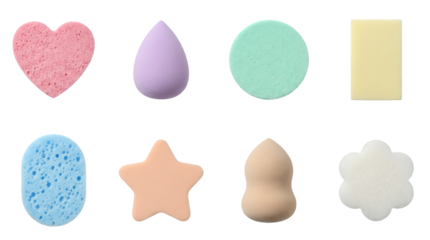 Cosmetic sponge set including heart, teardrop, round, rectangular, oval, star, hourglass, and flower shapes isolated. Makeup application and beauty tool collection.