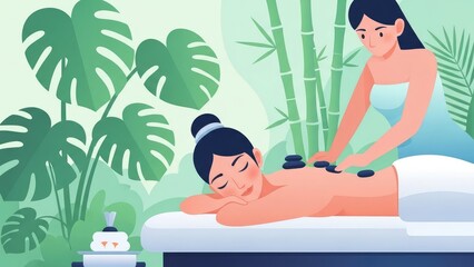 Prenatal Massage Using Black Stones on Spa Table Among Green Bamboo Leaves and Palm.jpg