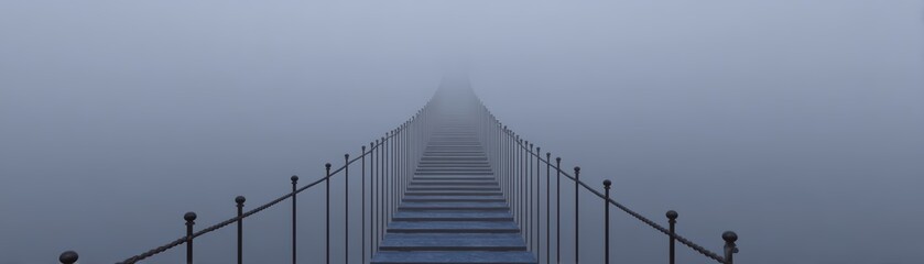 A serene, fog-covered walkway extends into the distance, a tranquil and mysterious atmosphere over a calm body of water, change without collapse, continuity across disruption, ESG
