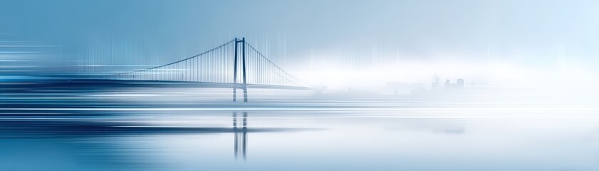 Obraz premium A serene, abstract view of a bridge reflected in calm water, enveloped in a soft blue haze, a tranquil atmosphere, change without collapse, continuity across disruption, ESG