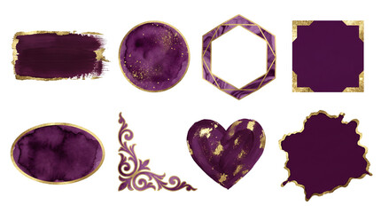 Dark purple and gold watercolor set including brush strokes, geometric frames, hearts, circles, and ornate flourishes isolated. Luxury design elements for invitations.