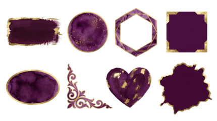 Dark purple and gold watercolor set including brush strokes, geometric frames, hearts, circles, and ornate flourishes isolated. Luxury design elements for invitations.