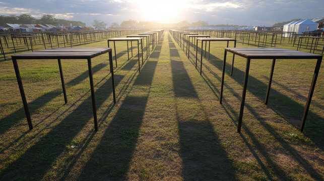 Expansive View of an Open Market Field Featuring Metal Tables Under a Beautiful Sunrise, Ready for Vendors and Visitors to Enjoy