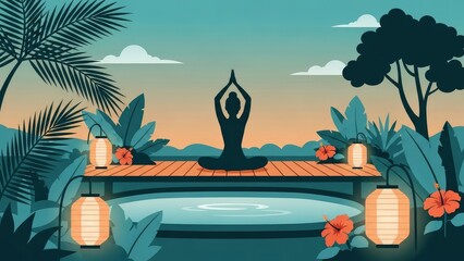 Tranquil Yoga on Wooden Dock With Hibiscus, Lanterns, and Tropical Greenery.jpg