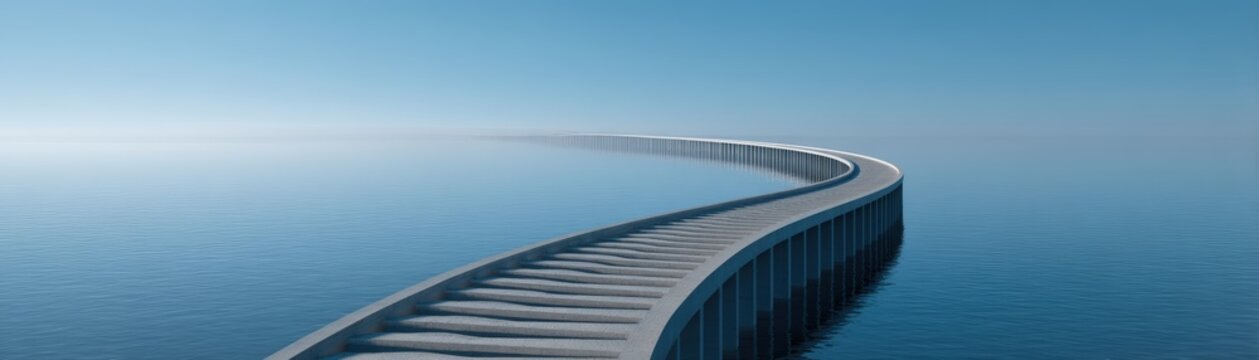 A serene, futuristic pathway arches over calm waters, disappearing into the horizon under a clear sky, change without collapse, continuity across disruption, ESG digital transformation geopolitics