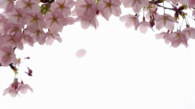 Delicate pink cherry blossoms frame the bright sky with falling petals and soft light