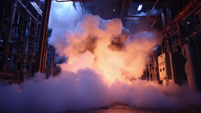 Medium shot capturing the release of CO2 from a local suppression system inside an electrical substation to extinguish an active fire safely.