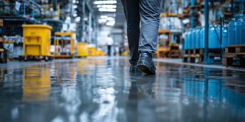 Fototapeta premium Worker walks through oil spill in industrial facility during daytime hours, highlighting safety and maintenance issues on the floor