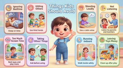 Educational Illustration of Child Behavior Tips for Parents and Caregivers to Promote Better Habits in Children