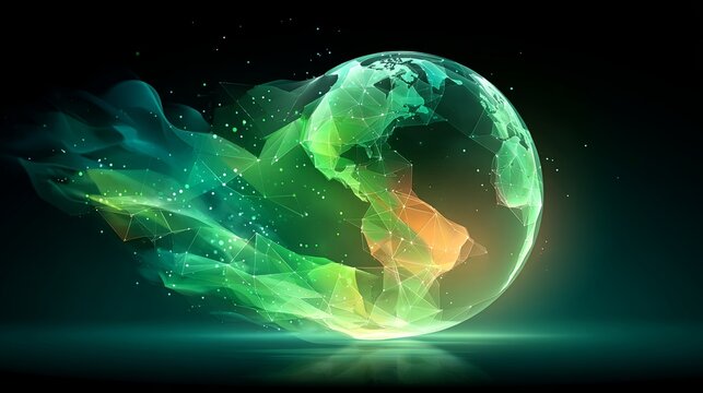 A dark tech background with a clean, holographic 3D model of a geometric shape or globe, constructed from glowing green wireframe lines.