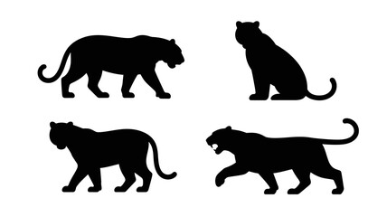 a striking collection of silhouetted tigers in various dynamic poses showcasing the majestic feline s power and grace in black and white high quality professional detailed © Nargis