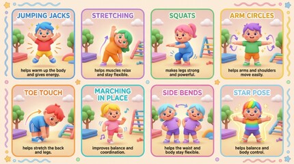 Colorful Cartoon Characters Engaging in Fun and Playful Children's Exercise Activities for Health and Fitness