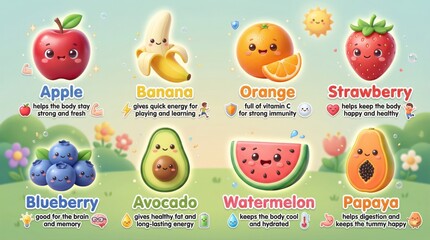 Colorful Cartoon Fruits with Cute Expressions and Health Benefits in Bright Background for Kids Learning