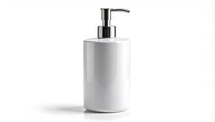 Fototapeta premium Elegant White Soap Dispenser with Chrome Pump on White Background.