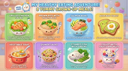 Healthy Eating Adventure for Kids with Colorful Cartoon Meals and Nutritional Benefits