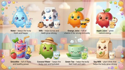 Cute Cartoon Characters Representing Healthy Drinks and Their Benefits for Body and Mind