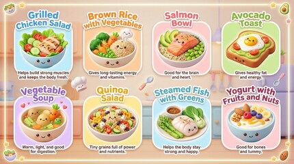 Nutritional Meal Ideas for Healthy Eating with Fun Illustrations of Delicious Food Options
