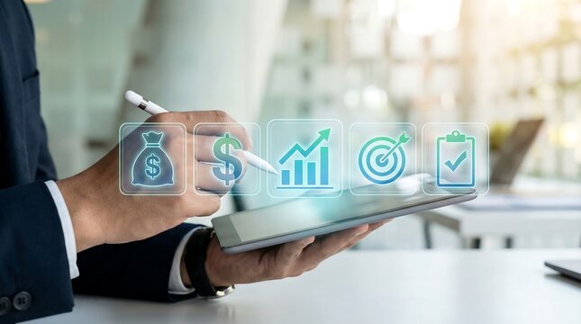 Businessman analyzing financial data on tablet with digital icons, symbolizing growth and success in modern office setting - Powered by Adobe