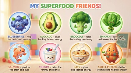 Colorful Superfood Characters Illustrating Health Benefits for Children and Nutrition Education