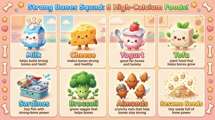 Strong Bones Squad: Eight High-Calcium Foods for Healthy Bones and Teeth in a Playful Cartoon Style