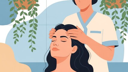 Woman Receiving Head Massage Therapy by Healthcare Professional in Calming Spa Environment Soft Blue Illustration.jpg