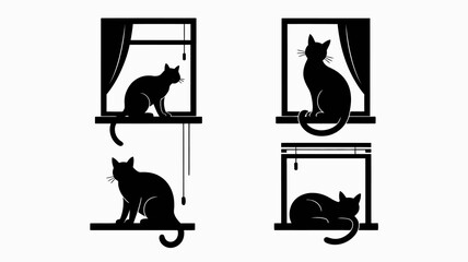 a minimalist depiction showcases silhouettes of cats positioned within and below window frames creating a striking and playful visual composition high quality professional detailed modern elegant © Nargis