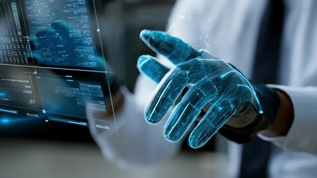 Closeup of hands manipulating virtual interfaces through VR gloves demonstrating realistic notarization tasks and document verification in an immersive training simulation.