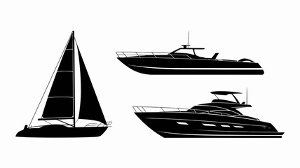 a minimalistic illustration depicts three different types of boats in black silhouettes against a pure white background showcasing nautical themes high quality professional detailed modern elegant © Nargis