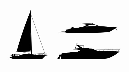 a minimalist silhouette showcasing a sailboat and two powerboats against a pure white background emphasizing nautical themes and vessel design high quality professional detailed modern elegant © Nargis