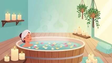 Woman Relaxing in Wooden Tub With Flower Petals and Candles Spa Scene.jpg