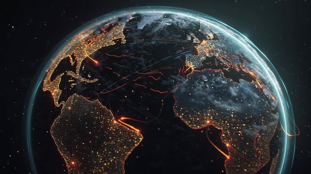 Cinematic rare earth global market economy illustration, glowing mineral elements forming interconnected trade flows across an abstract globe, subtle financial motion and supply-demand tension