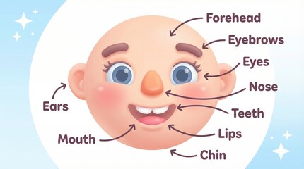 Fototapeta premium Cartoon Illustration of Facial Features Labeled for Educational Purposes with Colorful Design and Cheerful Expression