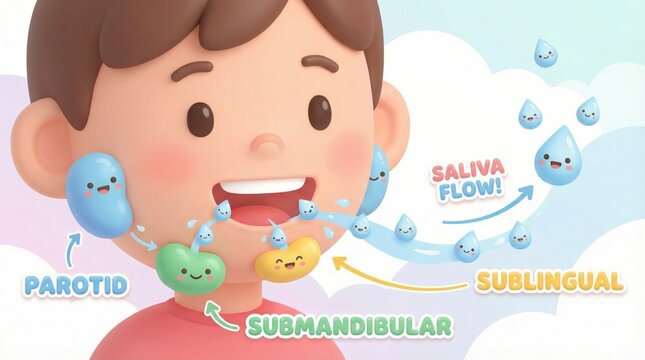 Cartoon Illustration of Salivary Glands in a Happy Boy with Labels for Parotid, Sublingual, and Submandibular Glands