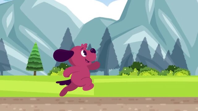 Happy pink cartoon dog jumping animation through a vibrant green park path with mountains and evergreen trees, playful pet, cheerful character, kids content, or dynamic movement