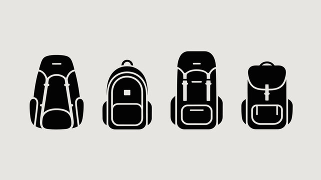 a simple illustration depicts four distinct black silhouettes of backpacks arranged horizontally showing various designs and styles of the bags high quality professional detailed modern elegant