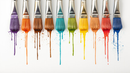 Vibrant paintbrushes displaying a spectrum of colors on a pristine white background