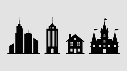 a minimalist black silhouette depiction of a cityscape featuring various building types including skyscrapers and a castle against a white background high quality professional detailed modern