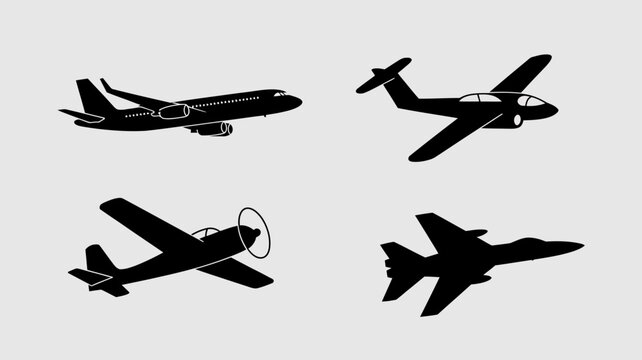 a simple illustration depicts four different silhouettes of aircraft including a passenger plane a small propeller plane and fighter jets high quality professional detailed modern elegant