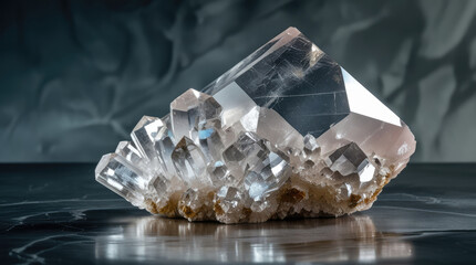 Clear quartz crystal cluster with sharp facets and natural inclusions resting on a dark reflective surface, showcasing its unique geological features and textures