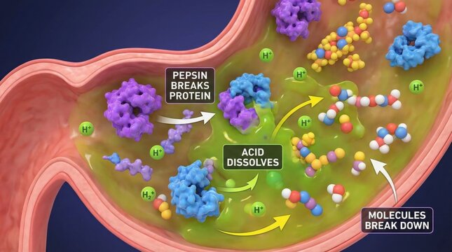 Detailed Illustration of Protein Digestion in the Stomach with Pepsin and Acid Breakdown Processes