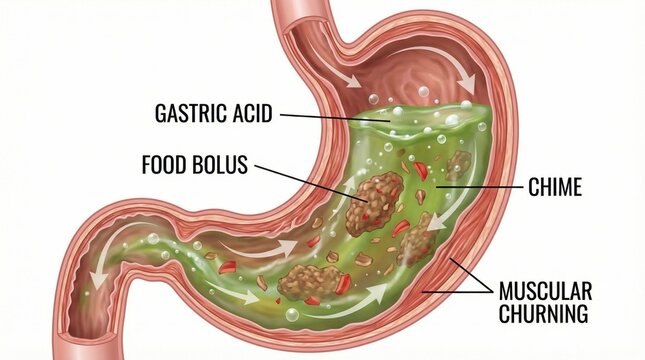 Detailed Illustration of Human Stomach Function Including Gastric Acid, Chyme, Food Bolus, and Muscular Churning