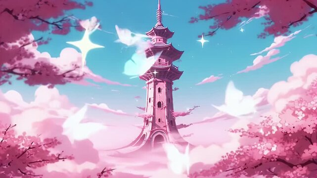 Dreamlike pink sakura grove framing a white pagoda under a bright blue sky