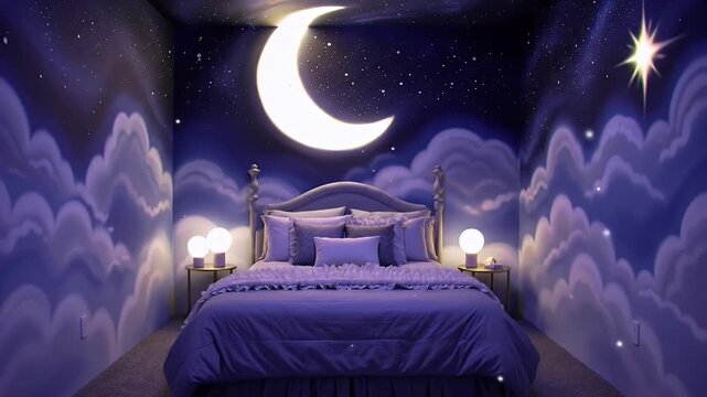 Dreamlike Purple Night Sky Bedroom Featuring Crescent Moon Ceiling And Cloudy Wall Mural