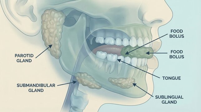Detailed Anatomical Illustration of Salivary Glands and Food Bolus Processing in Human Mouth