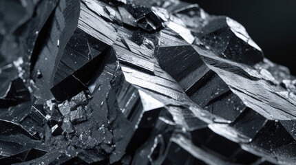 Close-up view of shiny black mineral with sharp crystalline structure and reflective surfaces, showcasing intricate details and textures in a dark background setting for geological study