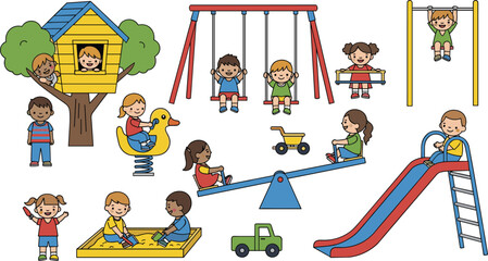Obraz premium Cute diverse children playing on playground with slide, swings, treehouse, sandbox, and see-saw for school and preschool education design.