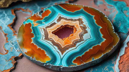 Colorful agate slice with intricate patterns and vibrant hues of orange, turquoise, and brown displayed on a textured surface with natural stone elements surrounding it