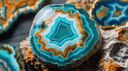 Colorful agate stone slice with intricate patterns and vibrant hues displayed on a textured surface, showcasing natural beauty and geological formation details
