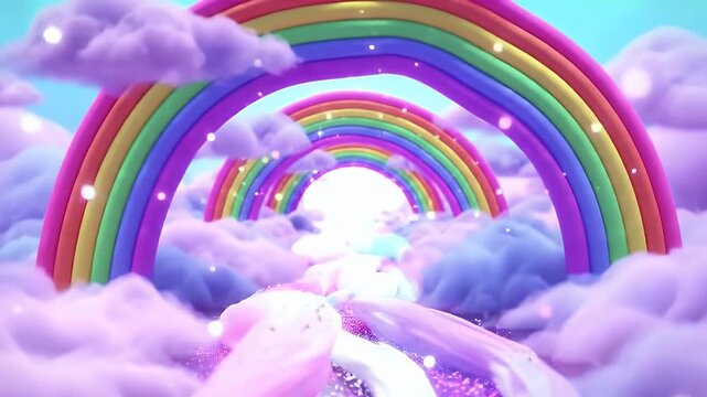 Dreamlike Rainbow Arches Arc Through Cotton Candy Clouds in a Vibrant Celestial Sky